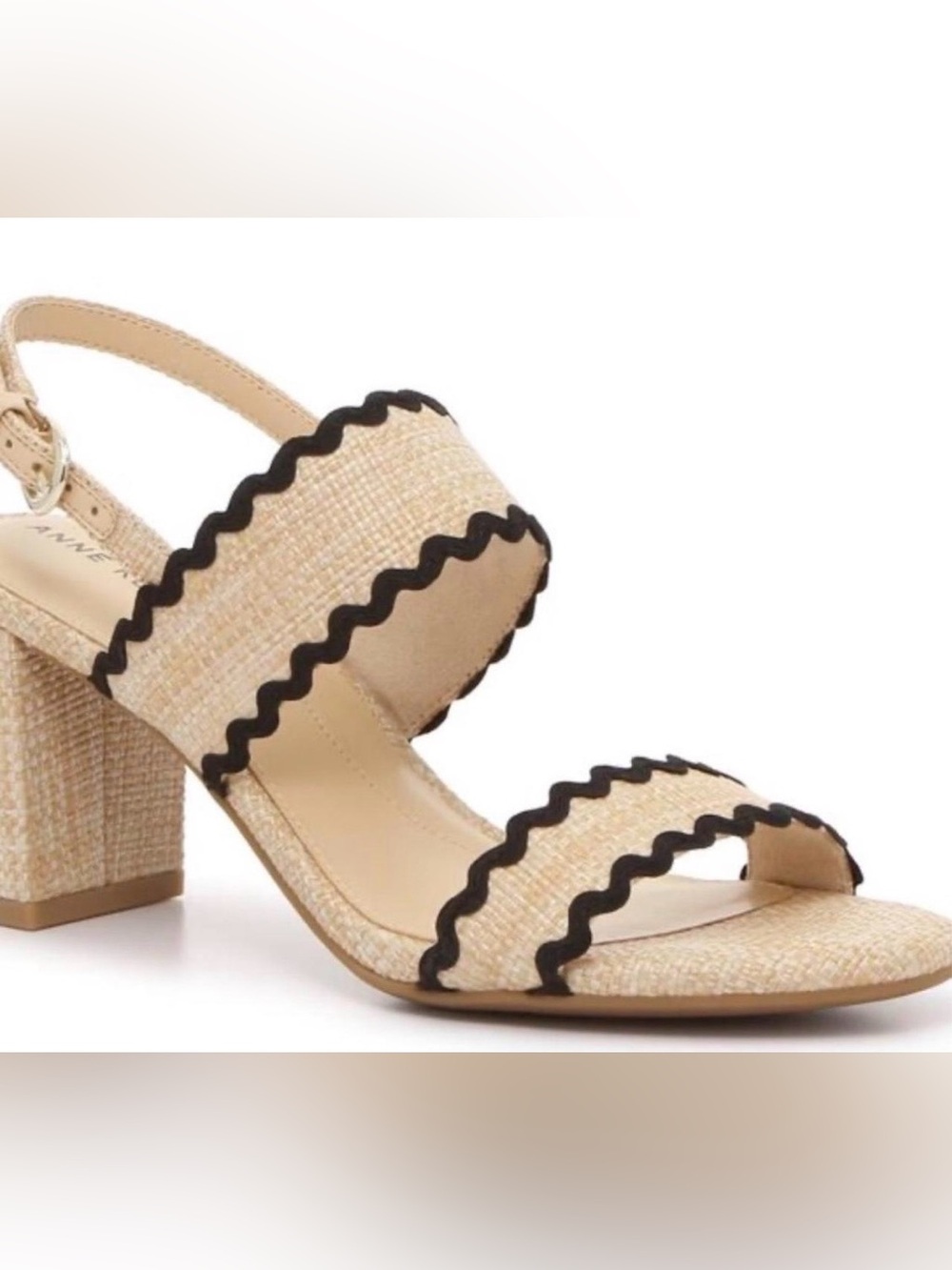 Anne Klein iflex Akroe Beige Raffia Block Heel Sandals with Black Scallop Trim 7